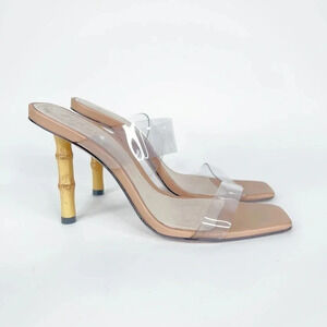 Schutz Bamboo Heels Ariella Stiletto Leather Sandal Beige Clear Straps Size 9